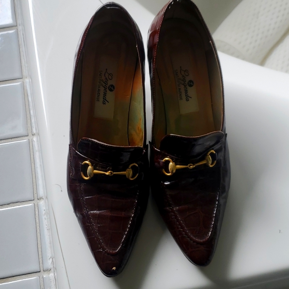 Saks Fifth Avenue Leggenda Kelly Brown Crocco Leather Loafers with Heels